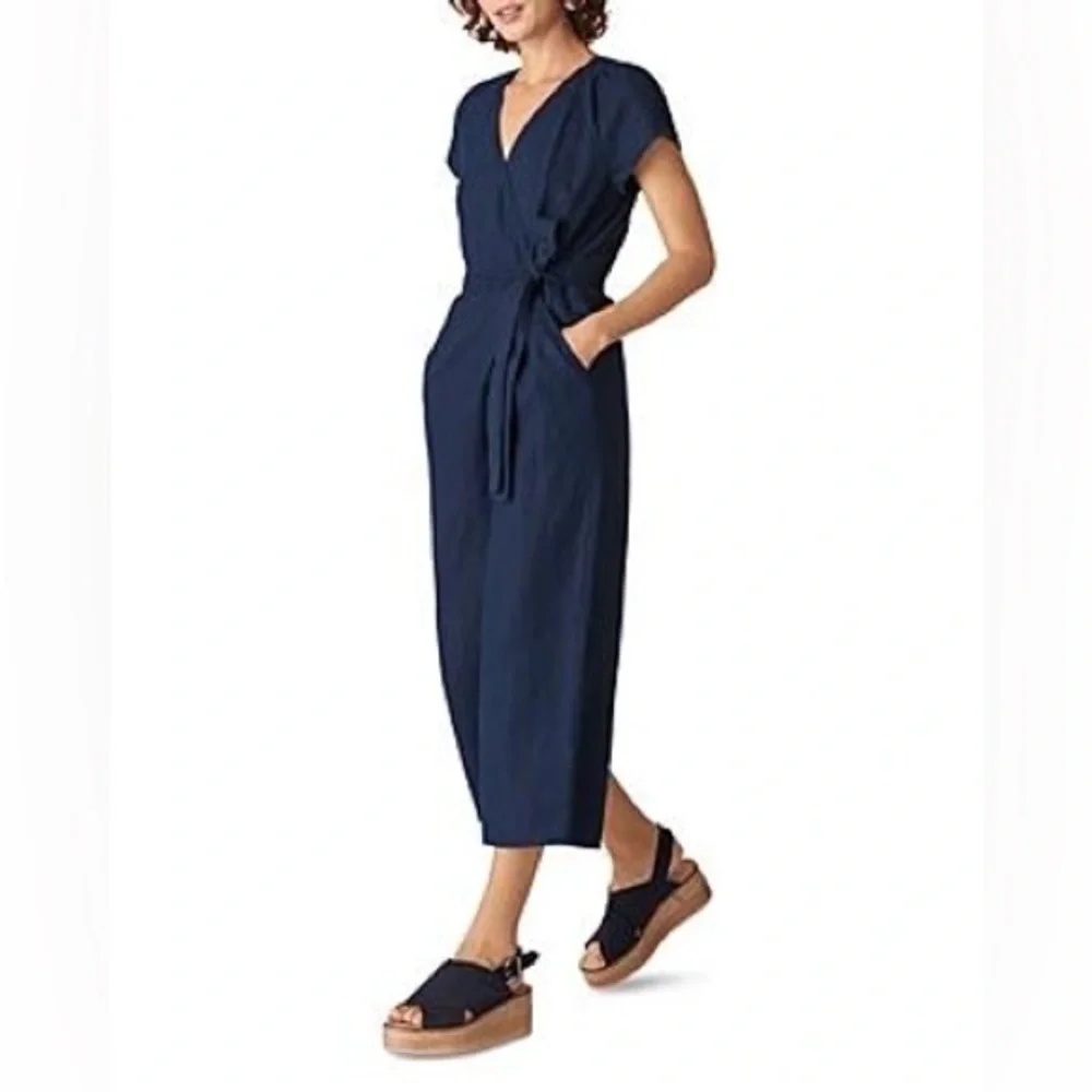 Whistles Etta Cropped 100% Linen Jumpsuit Size 8 - Picture 4 of 10